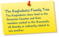 The Kaghakatsi Family Tree The Kaghakatsi clans lived in the Armenian Quarter and their members ranked in the thousands, all directly or indirectly related to one another.